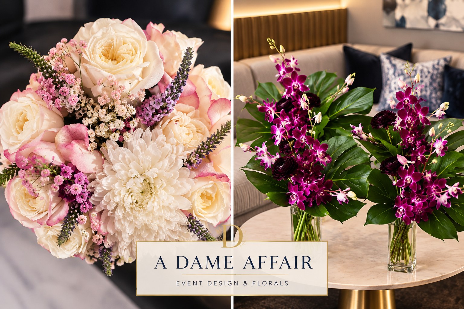 Custom arrangement of cream garden roses, a white chrysanthemum, pink gypsophila, and lavender, shown beside magenta orchid arrangements on a marble table