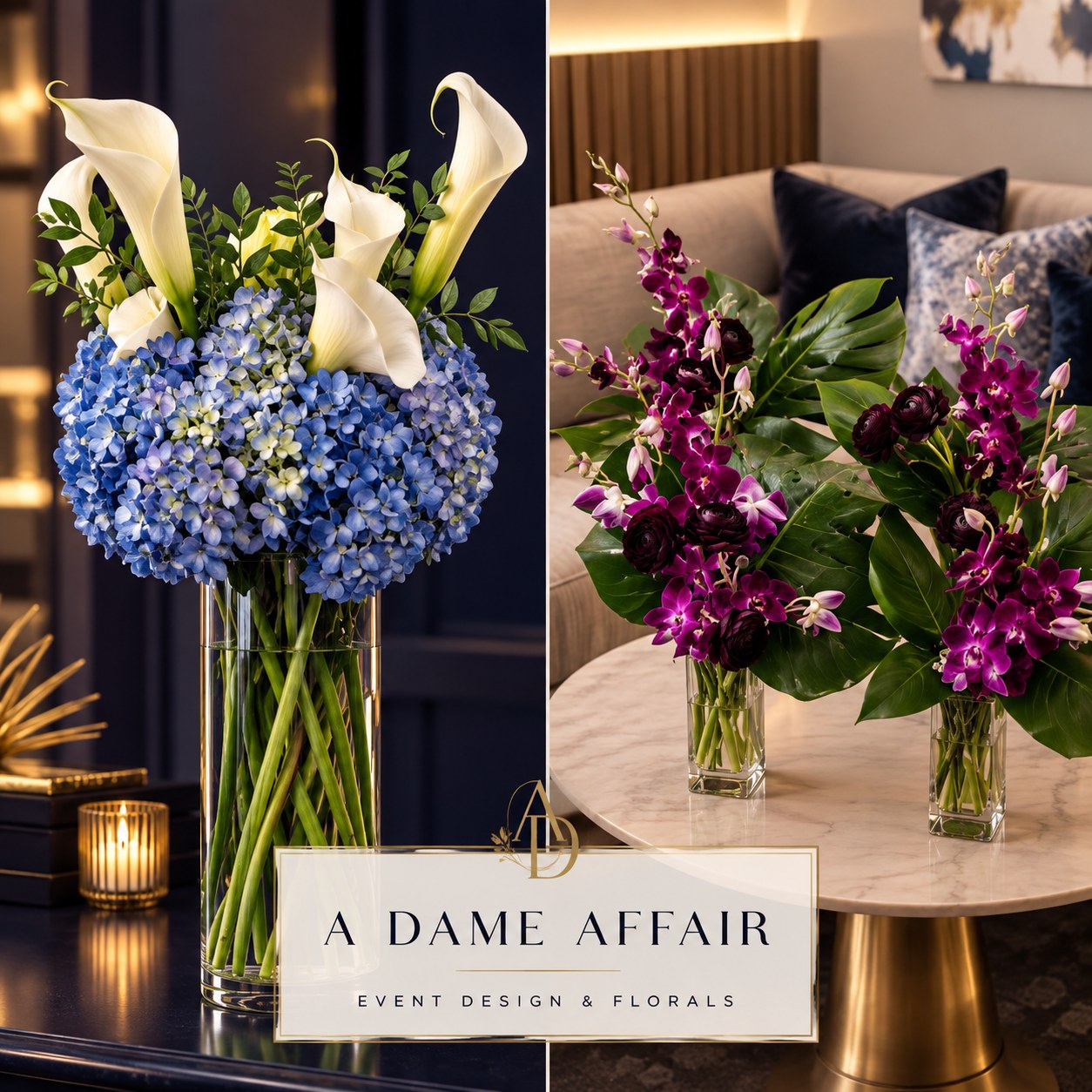 Blue hydrangea with white calla lilies in a glass cylinder vase, shown beside magenta orchids with dark ranunculus