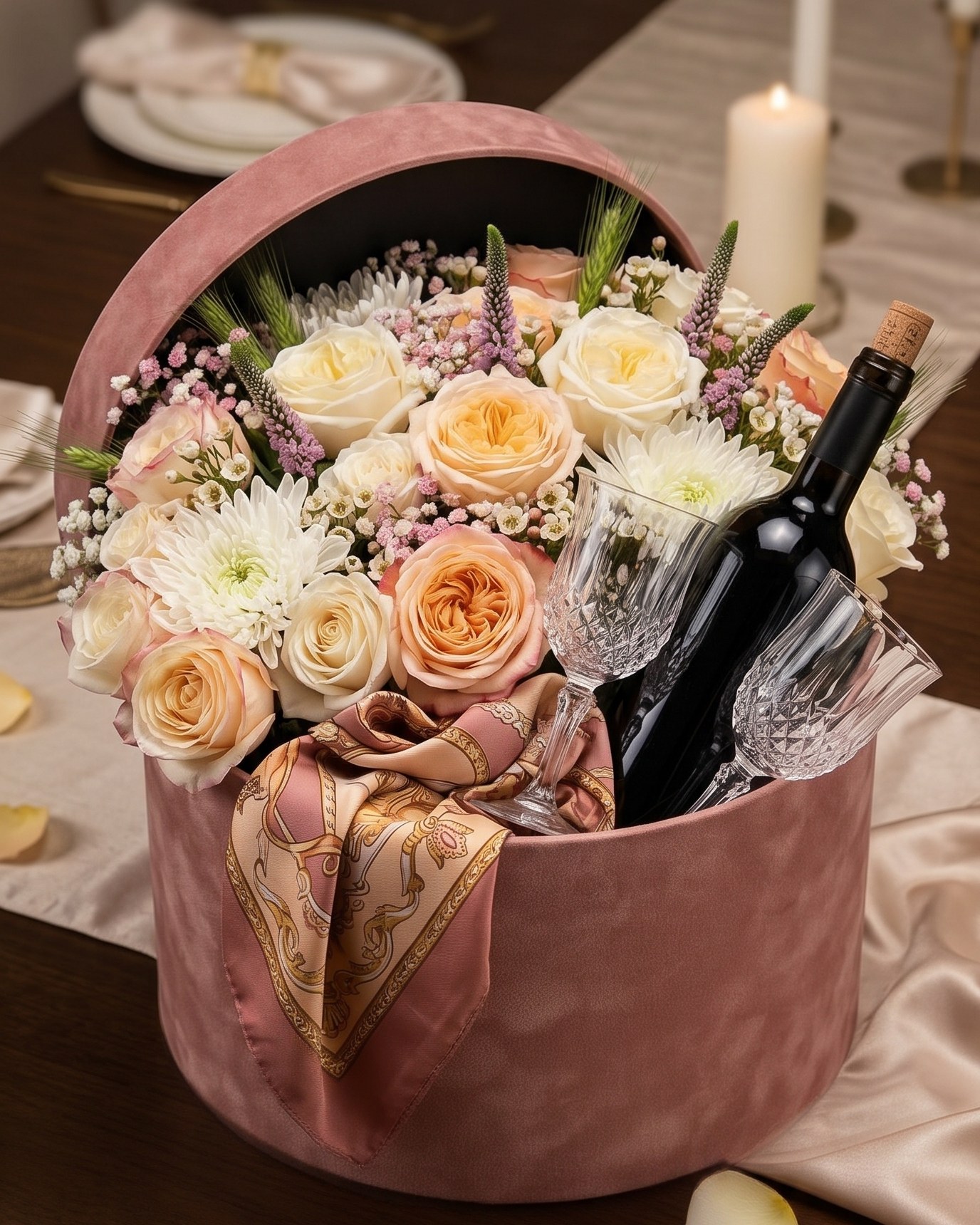 Luxury gift box: a round blush velvet box filled with cream and peach garden roses, white chrysanthemums, and gypsophila, with a silk scarf, two crystal glasses, and a bottle