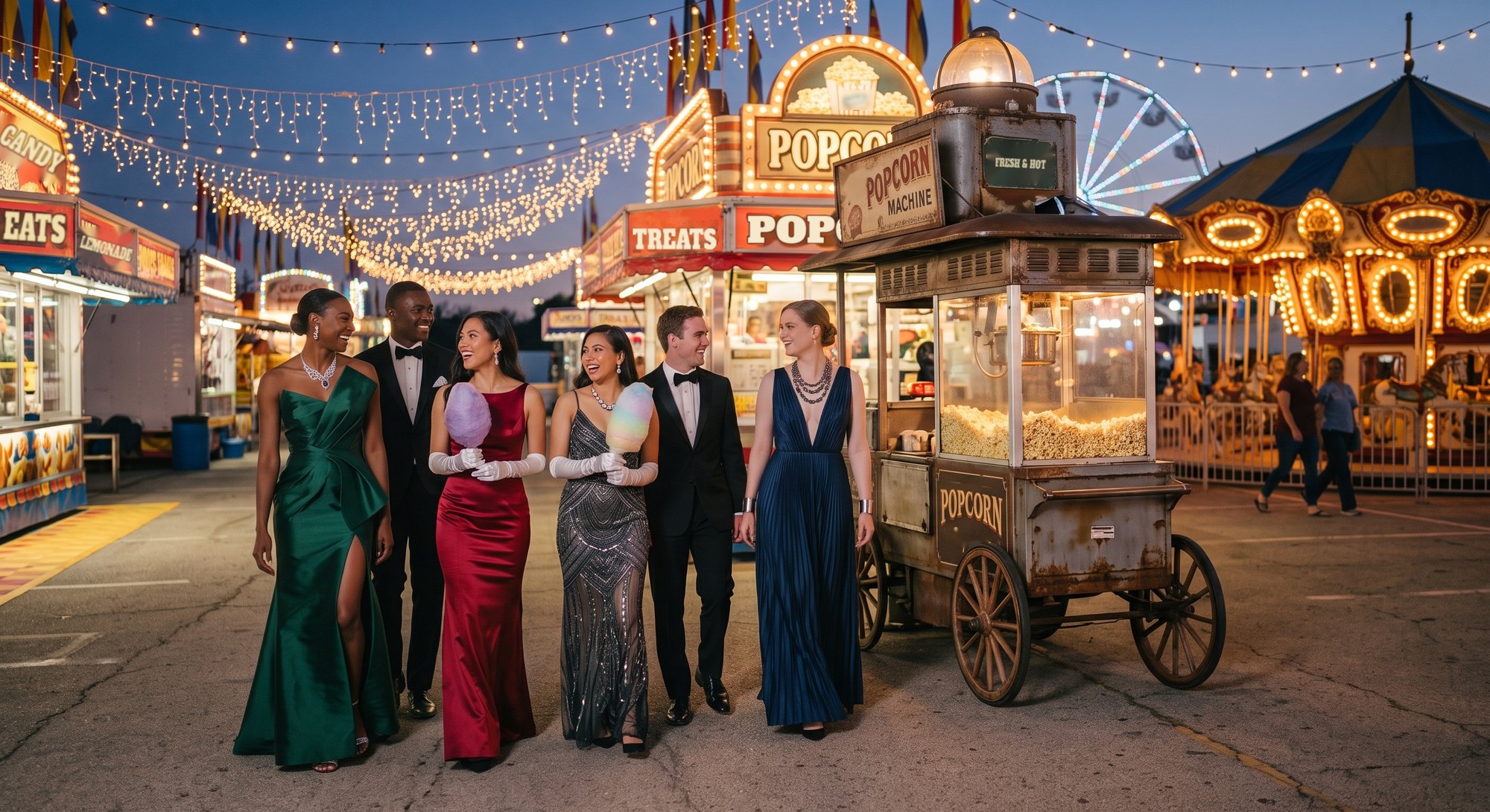 Guests in gowns and tuxedos walking through a carnival at dusk with cotton candy, string lights, a vintage popcorn cart, and a carousel